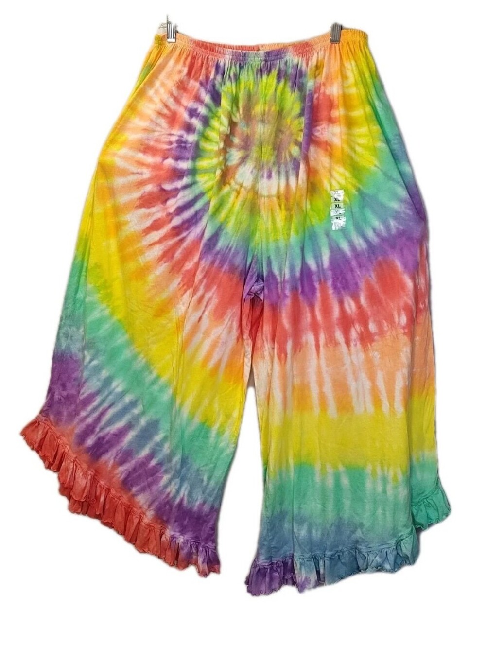 Tye Dye 2Dye4 USA Ruffled Balloon Wide Leg Harem Pants XL Spiral Rainbow Hippie